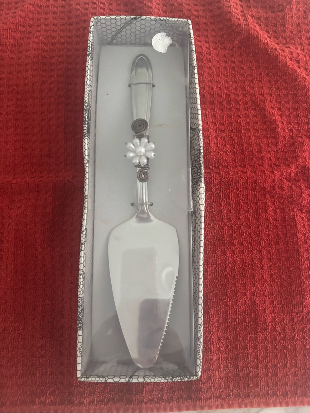 Decorative Silver Cake Server with Pearl Flower Accent
